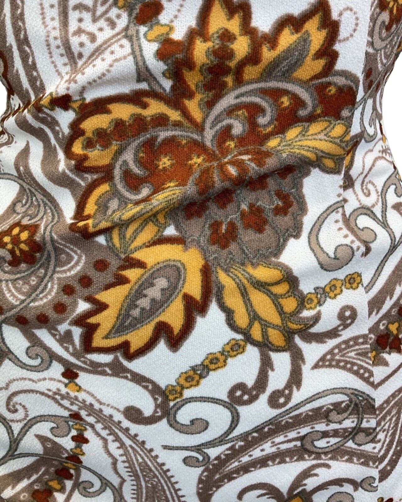 VINTAGE 60s 70s BROWN WHITE YELLOW PSYCHEDELIC PAISLEY FLOWER A-LINE DRESS 14 16