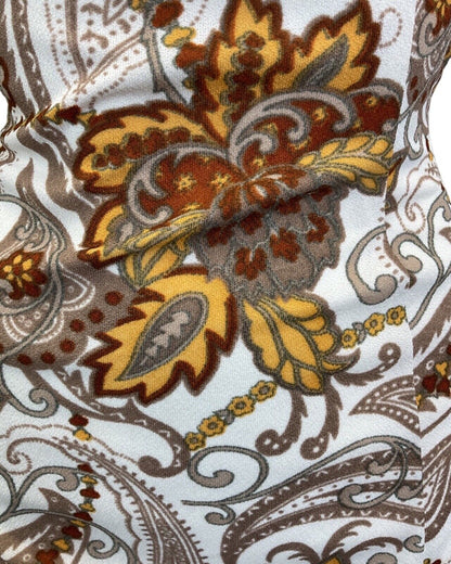 VINTAGE 60s 70s BROWN WHITE YELLOW PSYCHEDELIC PAISLEY FLOWER A-LINE DRESS 14 16