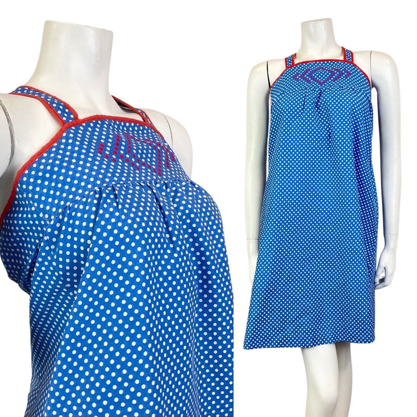VINTAGE 60s BLUE WHITE RED POLKA-DOT MOD EMPIRE LINE TENT DRESS 4