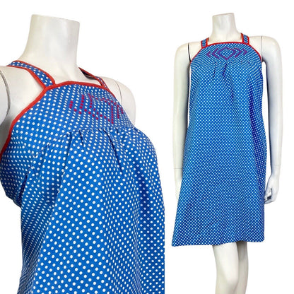 VINTAGE 60s BLUE WHITE RED POLKA-DOT MOD EMPIRE LINE TENT DRESS 4