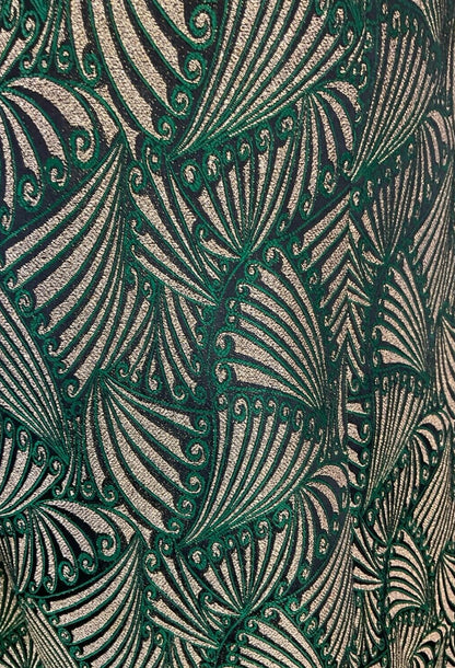VTG 60S ART DECO FAN GOLD GREEN BLACK SHORT SLEEVE ROUNDED NECK DRESS 12