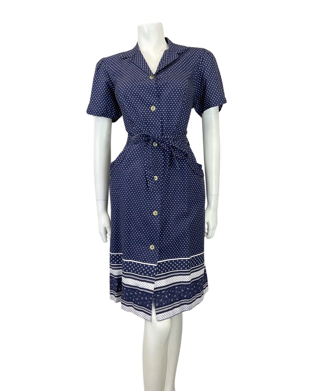 VINTAGE 60s 70s NAVY BLUE WHITE POLKA-DOT DITSY FLOWER SHIRT DRESS 12 14