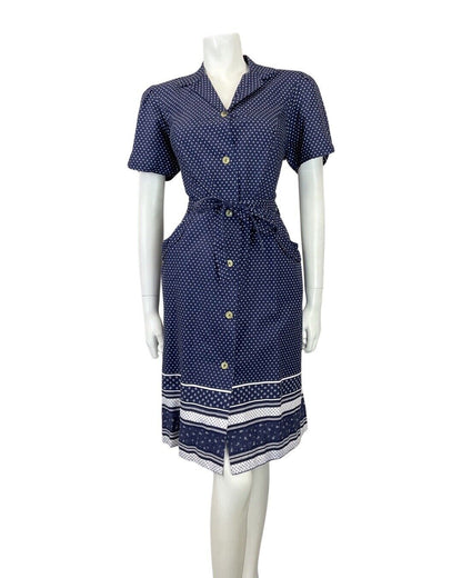 VINTAGE 60s 70s NAVY BLUE WHITE POLKA-DOT DITSY FLOWER SHIRT DRESS 12 14