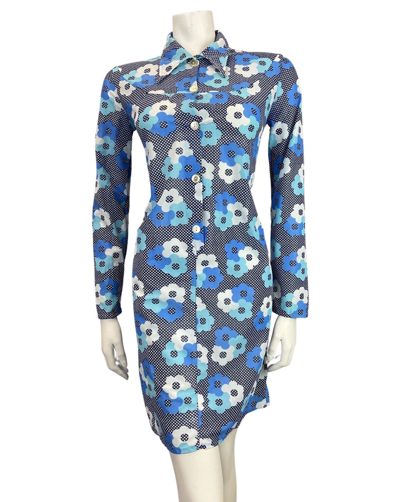 VINTAGE 60s 70s BLUE WHITE POLKA-DOT DAISY FLOWER MOD DAGGER SHIRT DRESS 8 10