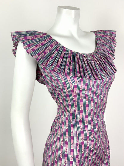 VINTAGE 60s 70s PINK PURPLE WHITE BLUE STRIPED FLORAL DAISY RUFFLE DRESS 12 14