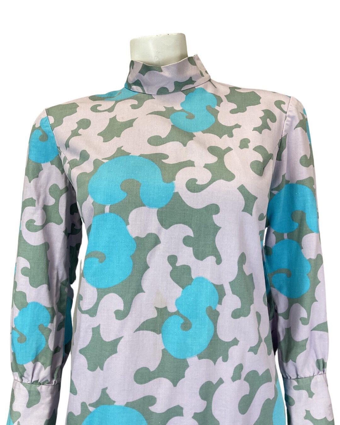 VINTAGE 60s 70s LILAC BLUE GREN ORNATE SWIRLING HIGH NECK MOD SHIFT DRESS 12 14