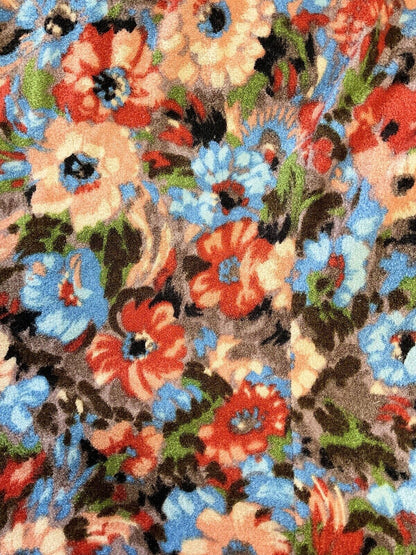 VTG 60s 70s ORANGE BLUE RED FLORAL FLEECE ZIP-UP MOD DAGGER BLOUSE 10 12