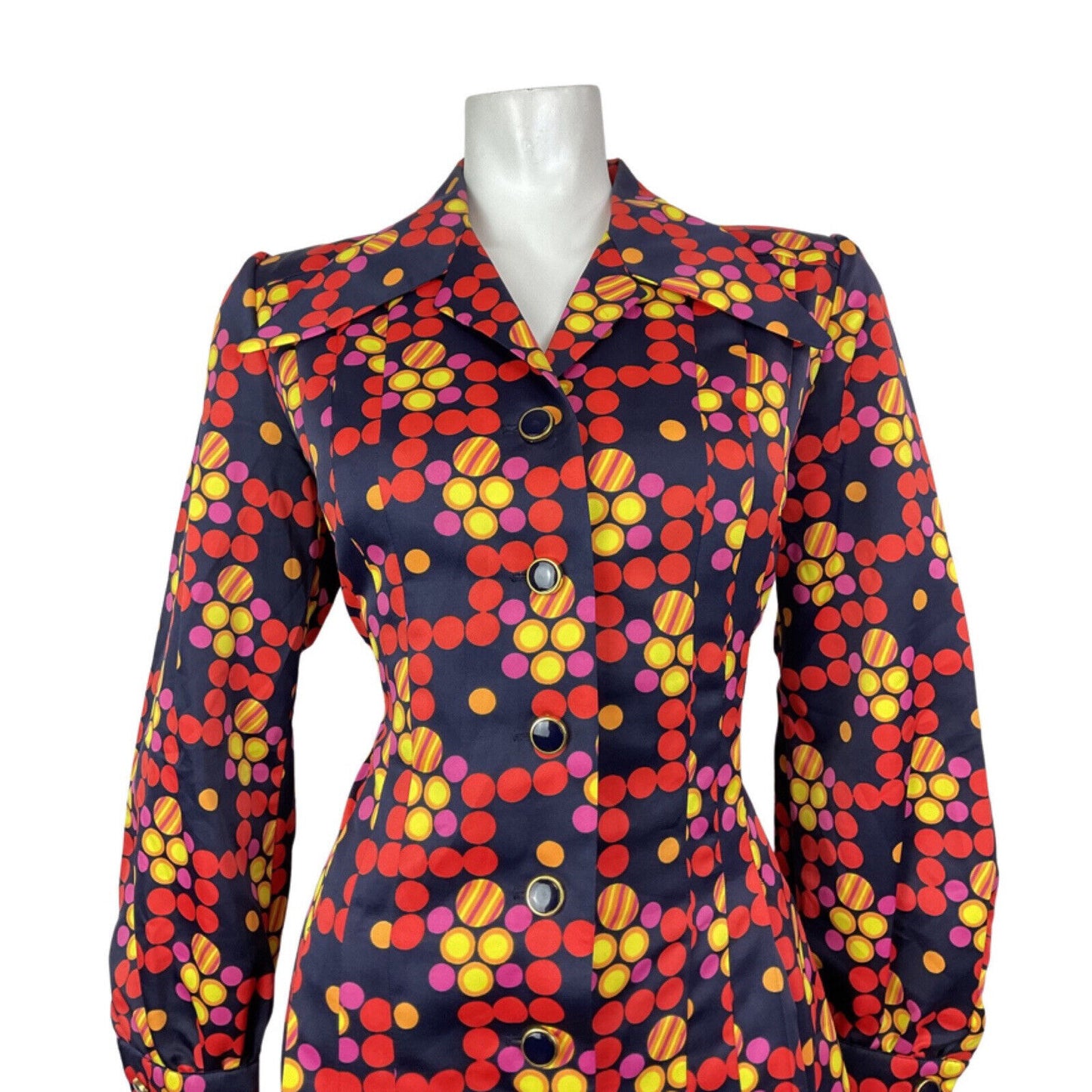 VINTAGE 60s 70s BLUE RED YELLOW PSYCHEDELIC DOTTY MOD DAGGER SHIRT DRESS 14 16