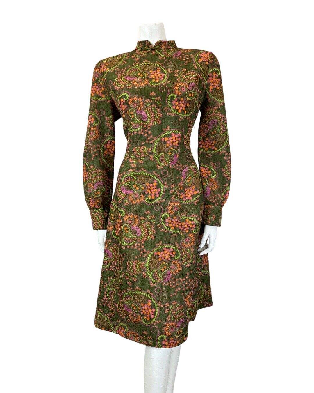 VINTAGE 60s 70s GREEN PINK ORANGE PAISLEY FLORAL PSYCHEDELIC FLARED DRESS 14