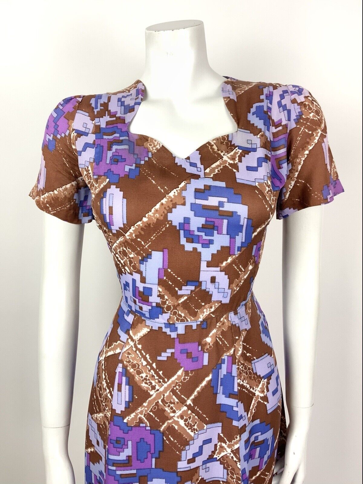 VINTAGE 60s 70s BROWN BLUE PURPLE CHECKED PIXEL FLORAL PSYCHEDELIC DRESS 12 14