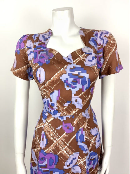 VINTAGE 60s 70s BROWN BLUE PURPLE CHECKED PIXEL FLORAL PSYCHEDELIC DRESS 12 14