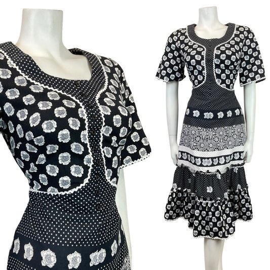 VINTAGE 60s 70s BLACK WHITE FLORAL POLKA-DOT RICRAC MOD RUFFLE DRESS 10