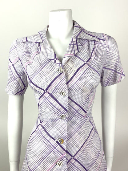VINTAGE 60s 70s LILAC PURPLE WHITE GRID CHECKED DAGGER SHIRT DRESS 10 12