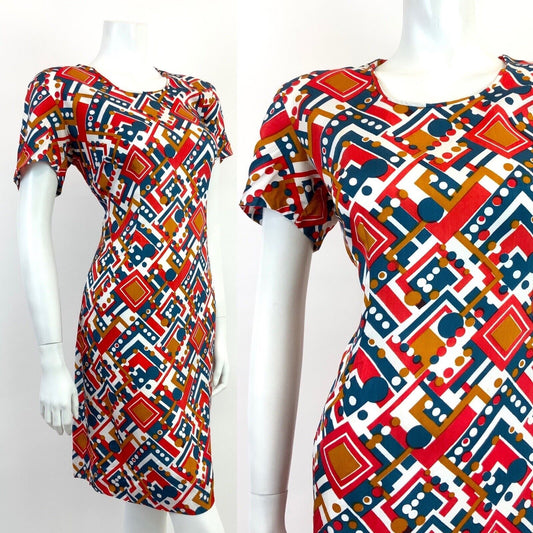 VINTAGE 60s 70s WHITE BLUE RED BRONZE GEOMETRIC DOTTY MOD DRESS 12 14