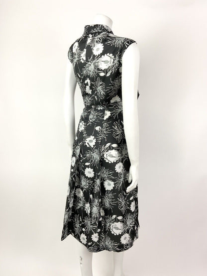 VINTAGE 60s 70s BLACK GREY WHITE FLORAL BOW SHAWL SLEEVELESS DRESS 10 12
