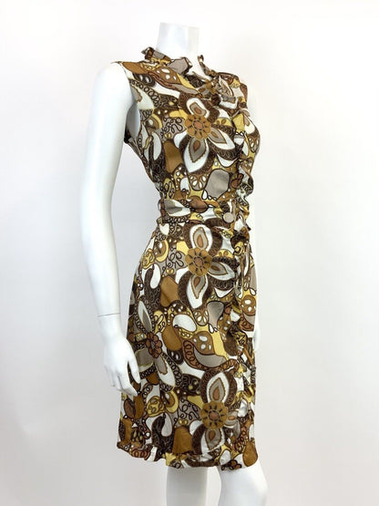 VINTAGE 60s 70s BROWN CREAM YELLOW WHITE PSYCHEDELIC FLORAL RUFFLE DRESS 12
