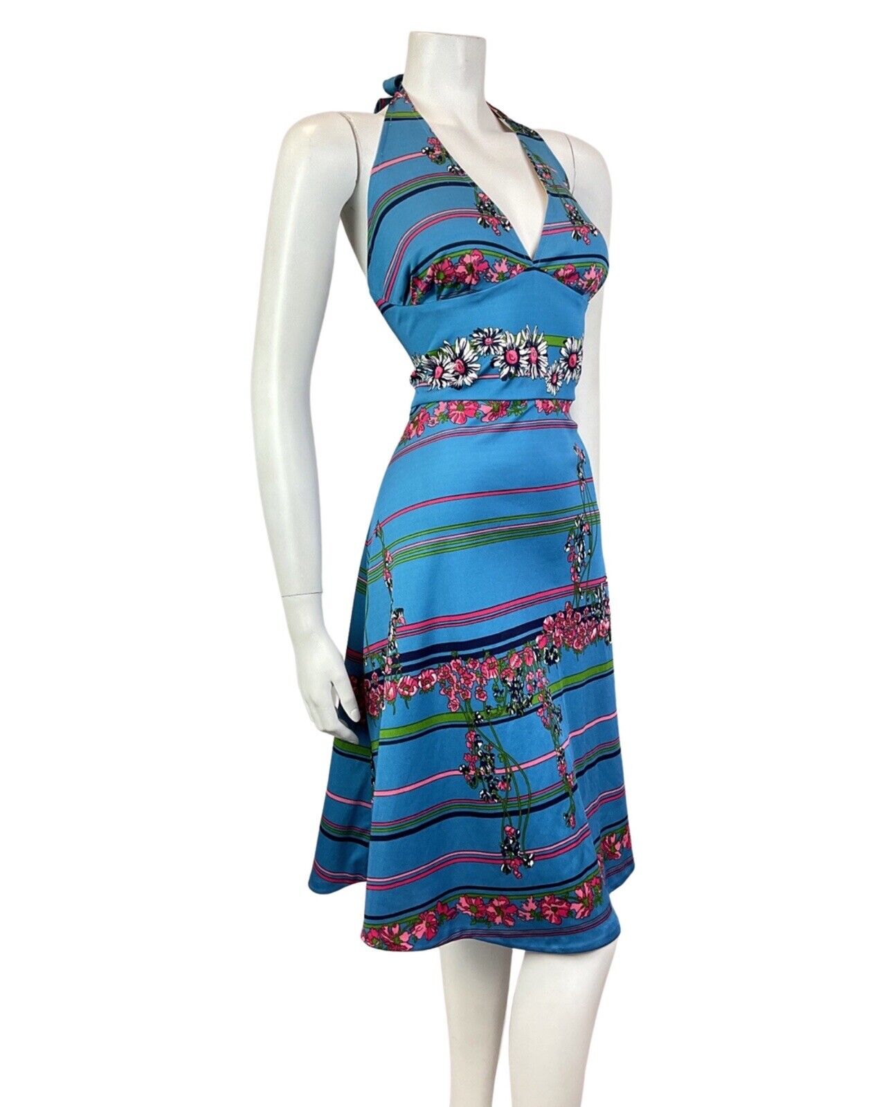 VINTAGE 60s 70s BLUE PINK WHITE FLORAL DAISY STRIPED SUMMER HALTER DRESS 12 14