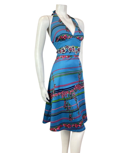 VINTAGE 60s 70s BLUE PINK WHITE FLORAL DAISY STRIPED SUMMER HALTER DRESS 12 14