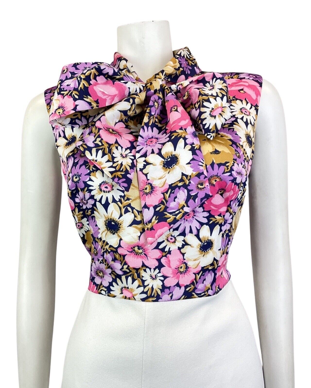 VINTAGE 60s 70s WHITE PURPLE PINK FLORAL PUSSYBOW SLEEVELESS MOD DRESS 12
