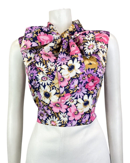 VINTAGE 60s 70s WHITE PURPLE PINK FLORAL PUSSYBOW SLEEVELESS MOD DRESS 12