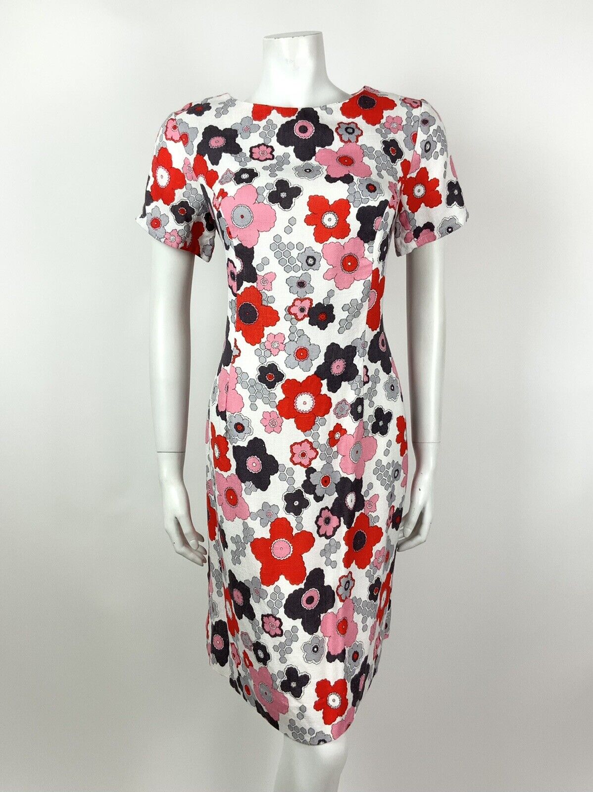 VTG 60s 70s WHITE RED PINK GREY FLORAL FLOWER POWER PSYCHEDELIC DRESS 12 14