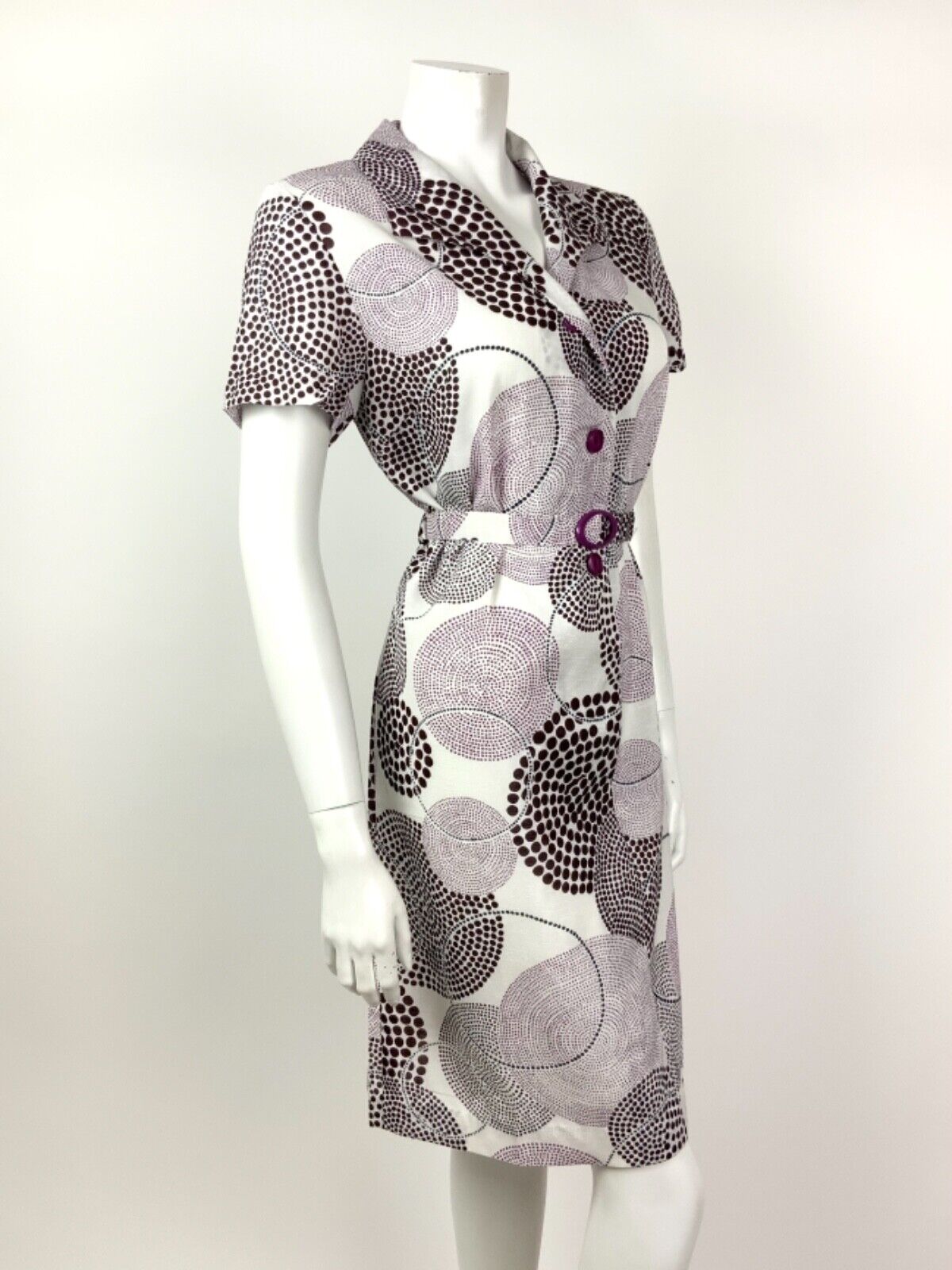 VINTAGE 60s 70s WHITE PURPLE BROWN DOTTY GEOMETRIC CIRCLE BELTED SHIRT DRESS 12