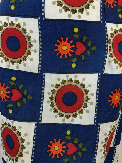 VINTAGE 60s 70s BLUE WHITE RED CHECKERBOARD HEART FLORAL MOD SHIFT DRESS 10 12