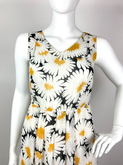 VTG 70s 80s WHITE BLACK YELLOW FLORAL DAISY SLEEVELESS SUMMER DRESS 16