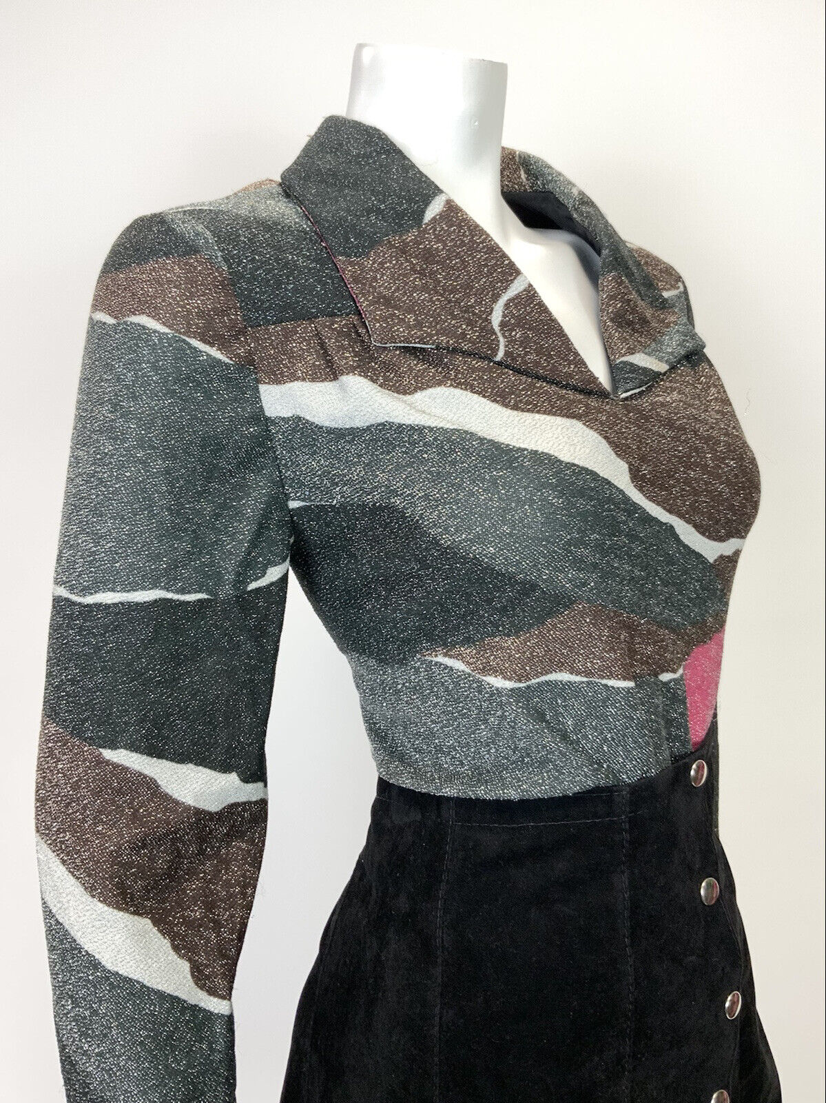 VINTAGE 60s 70s BLACK BROWN PINK ABSTRACT GLITTER LUREX SHIRT BLOUSE 14 16
