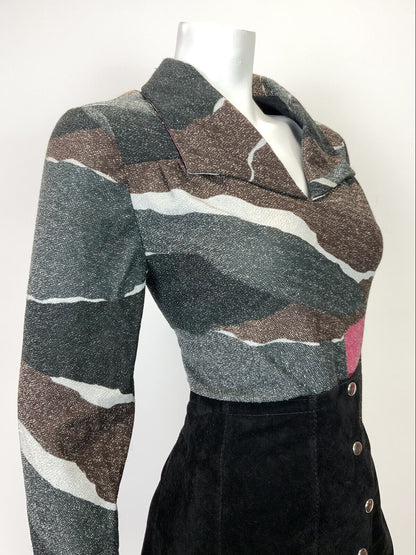 VINTAGE 60s 70s BLACK BROWN PINK ABSTRACT GLITTER LUREX SHIRT BLOUSE 14 16
