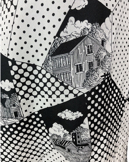 VINTAGE 60s 70s WHITE BLACK POLKA-DOT COTTAGE GEOMETRIC MOD SWING DRESS 10 12