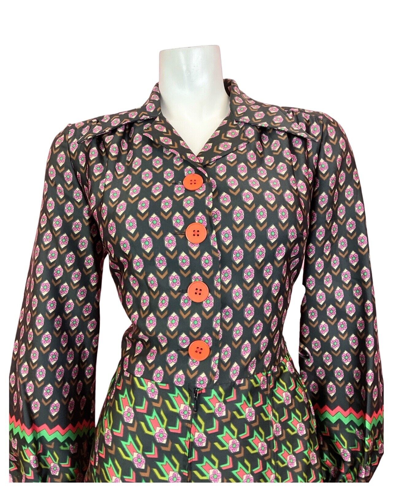 VTG 60s 70s BLACK GREEN PINK PSYCHEDELIC GEOMETRIC DAISY DAGGER SHIRT DRESS 14