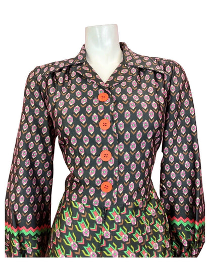 VTG 60s 70s BLACK GREEN PINK PSYCHEDELIC GEOMETRIC DAISY DAGGER SHIRT DRESS 14
