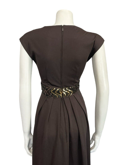 VTG 60S 70S BROWN GOLD SEQUIN BAND PLEATED TUNIC MOD PARTY MIDI DRESS 8