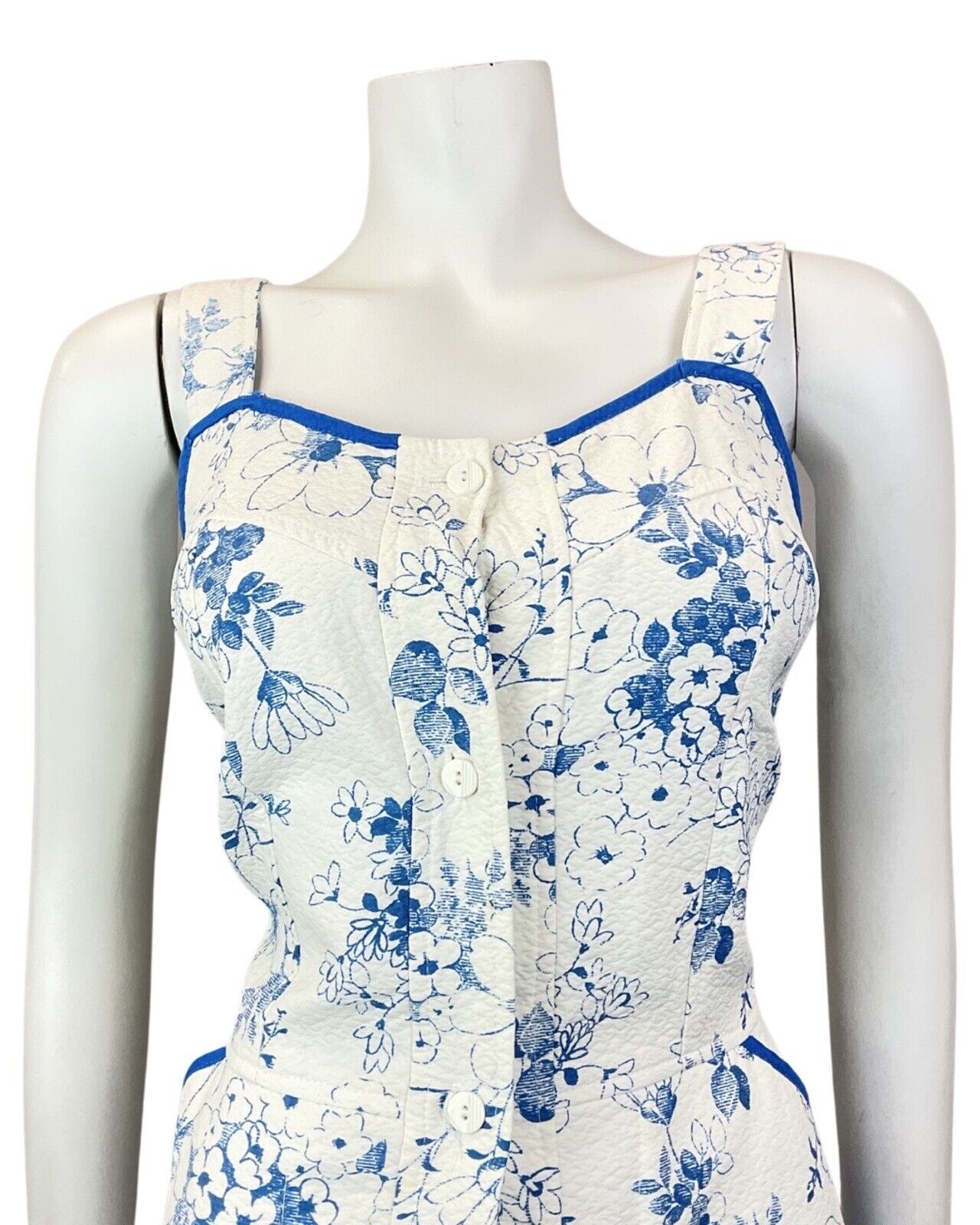 VINTAGE 60s 70s WHITE BLUE FLORAL PRAIRIE BOHO SUMMER APRON SUN DRESS 8
