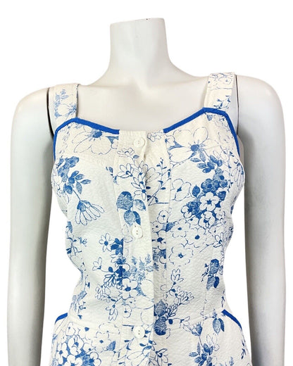 VINTAGE 60s 70s WHITE BLUE FLORAL PRAIRIE BOHO SUMMER APRON SUN DRESS 8