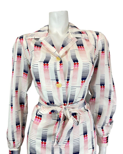 VINTAGE 60s 70s WHITE PINK BLUE GEOMETRIC MOD BELTED SHIRT DRESS 14