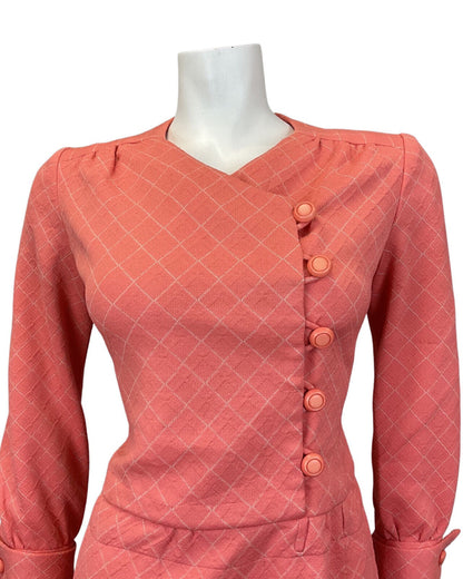 VINTAGE 60s 70s SALMON PINK WHITE GRID CHECKED MOD SCOOTER SHIFT DRESS 8