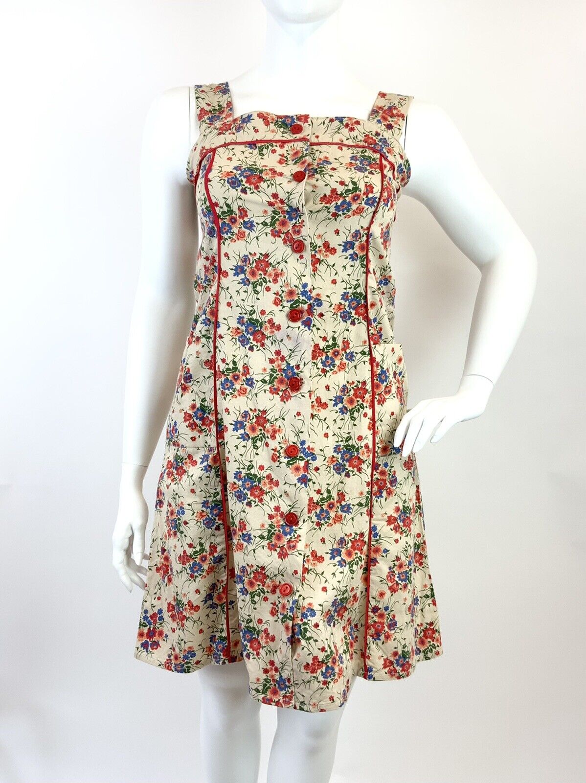 VTG 60s 70s BEIGE RED BLUE GREEN FLORAL VINE BOHO APRON PINAFORE SUMMER DRESS 14