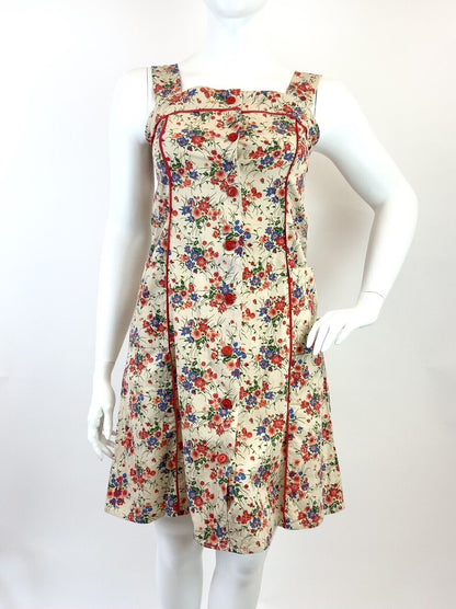 VTG 60s 70s BEIGE RED BLUE GREEN FLORAL VINE BOHO APRON PINAFORE SUMMER DRESS 14
