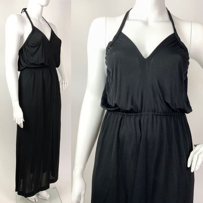 VINTAGE 60s 70s JET BLACK GRECIAN STRAPPY HALTER MAXI SUN DRESS 16 18