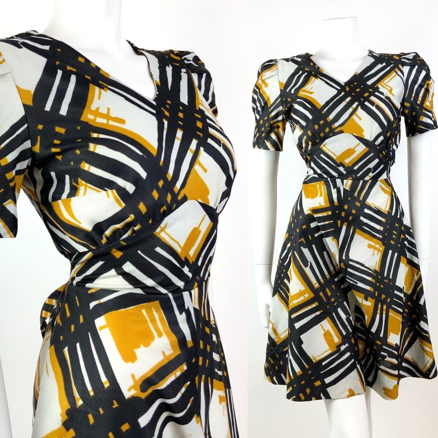 VINTAGE 60s 70s WHITE BLACK YELLOW GEOMETRIC CHECKED PUFF SLEEVE TEA DRESS 10