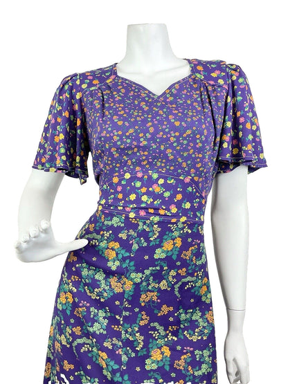 VINTAGE 60s 70s PURPLE PINK GREEN FLORAL DITSY CAPE SLEEVE MOD MAXI DRESS 10 12