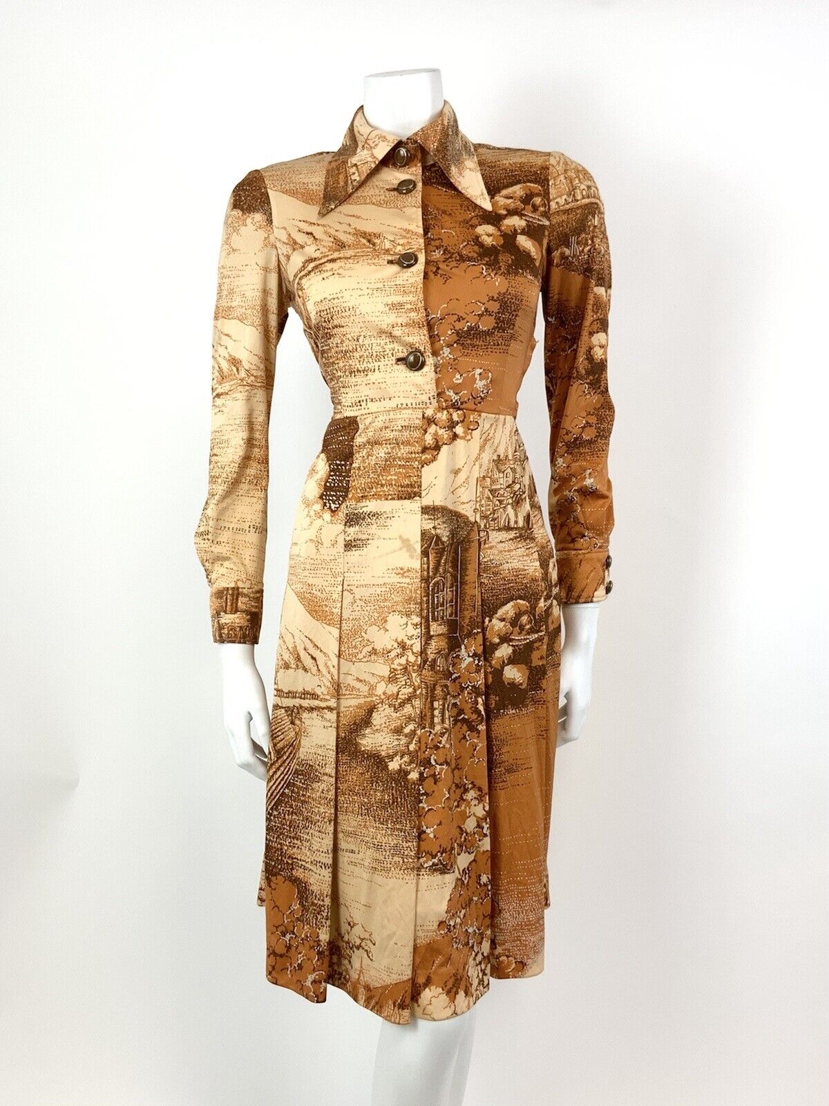 VINTAGE 60s 70s ORANGE BROWN CREAM PASTORAL FARM BOHO DAGGER SHIRT DRESS 8 10