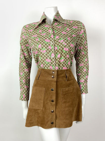 VINTAGE 60s 70s BROWN WHITE PINK CHECKED SQUARE FLORAL DAGGER SHIRT 10 12