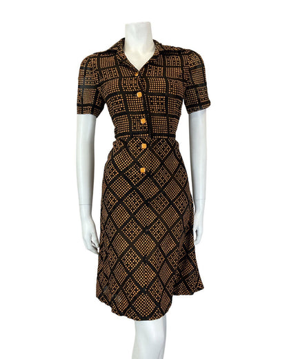 VINTAGE 60s 90s BLACK ORANGE DOTTY GRID CHECKED DAGGER COLLAR MOD SHIRT DRESS 10