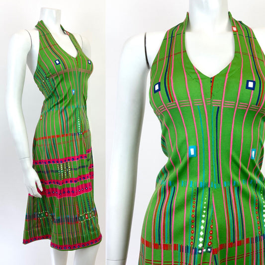 VINTAGE 60s 70s GREEN BLUE PINK GEOMETRIC STRIPED HALTER DRESS 10