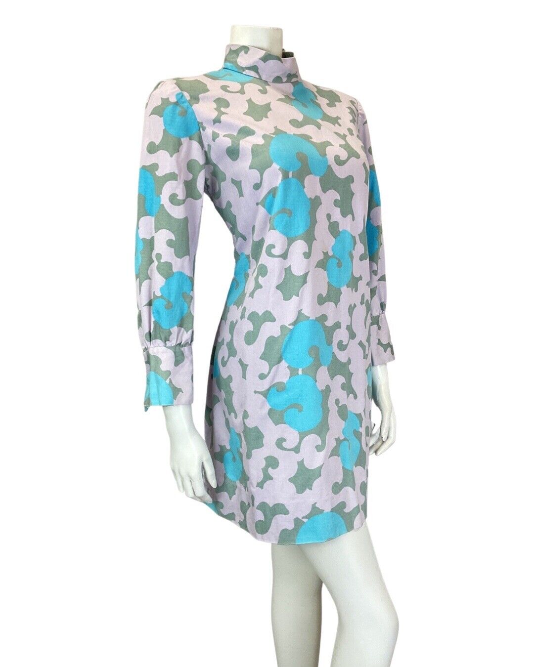 VINTAGE 60s 70s LILAC BLUE GREN ORNATE SWIRLING HIGH NECK MOD SHIFT DRESS 12 14