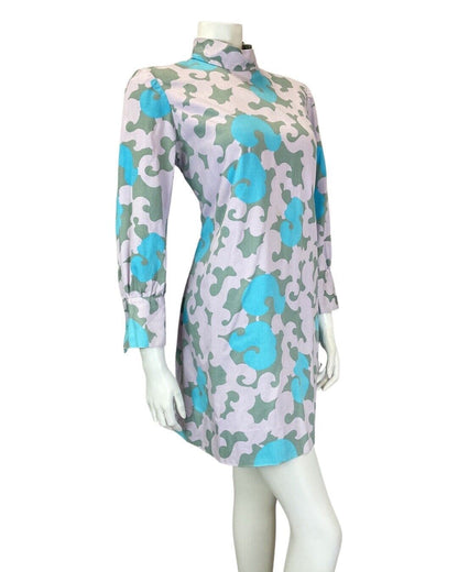 VINTAGE 60s 70s LILAC BLUE GREN ORNATE SWIRLING HIGH NECK MOD SHIFT DRESS 12 14