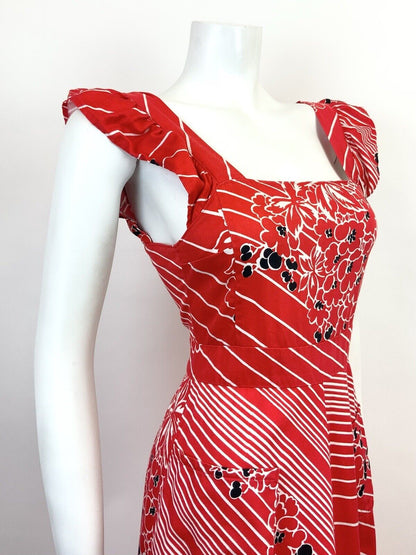 VINTAGE 60s 70s RED WHITE BLACK STRIPED FLORAL RUFFLED APRON SUMMER DRESS 4